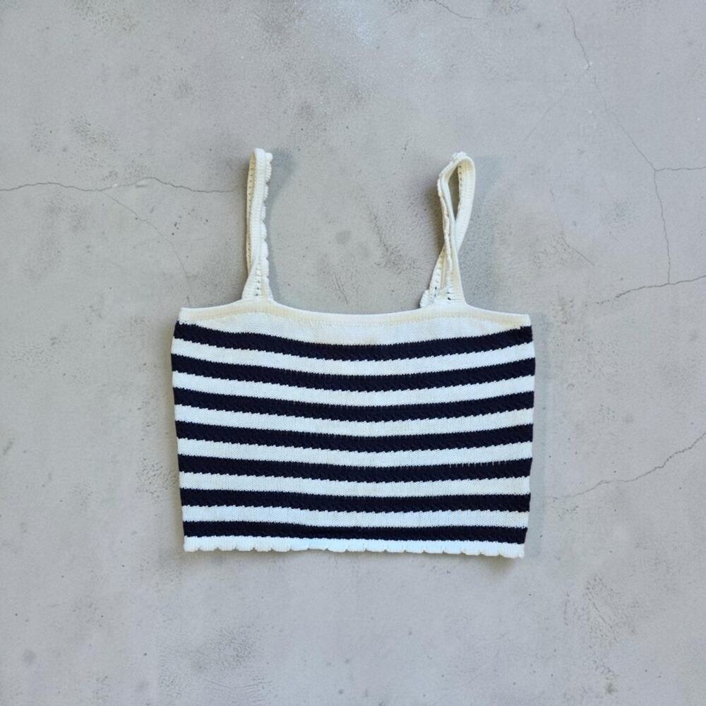 Flat White Knit Cami Crop Top Navy Cream Striped Pointelle Spaghetti Strap XS